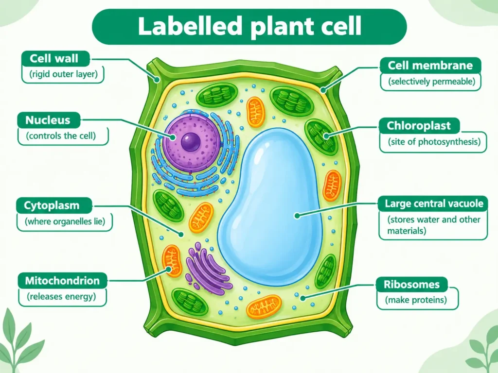 Labelled plant cell Plant cell with cell wall, membrane, nucleus, chloroplast and large vacuole