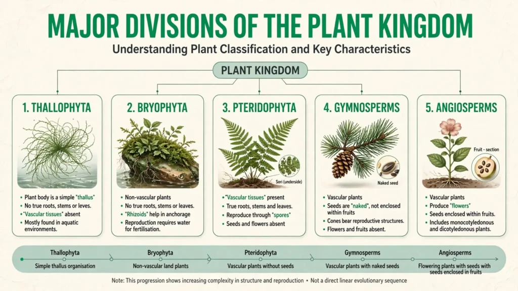 Major divisions of the plant kingdom Flow chart of Thallophyta, Bryophyta, Pteridophyta, Gymnosperms and Angiosperms with key features