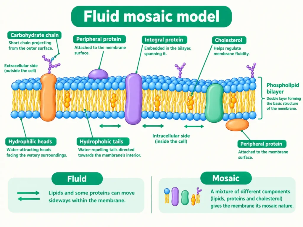 Fluid mosaic model Lipid bilayer with embedded proteins labelled