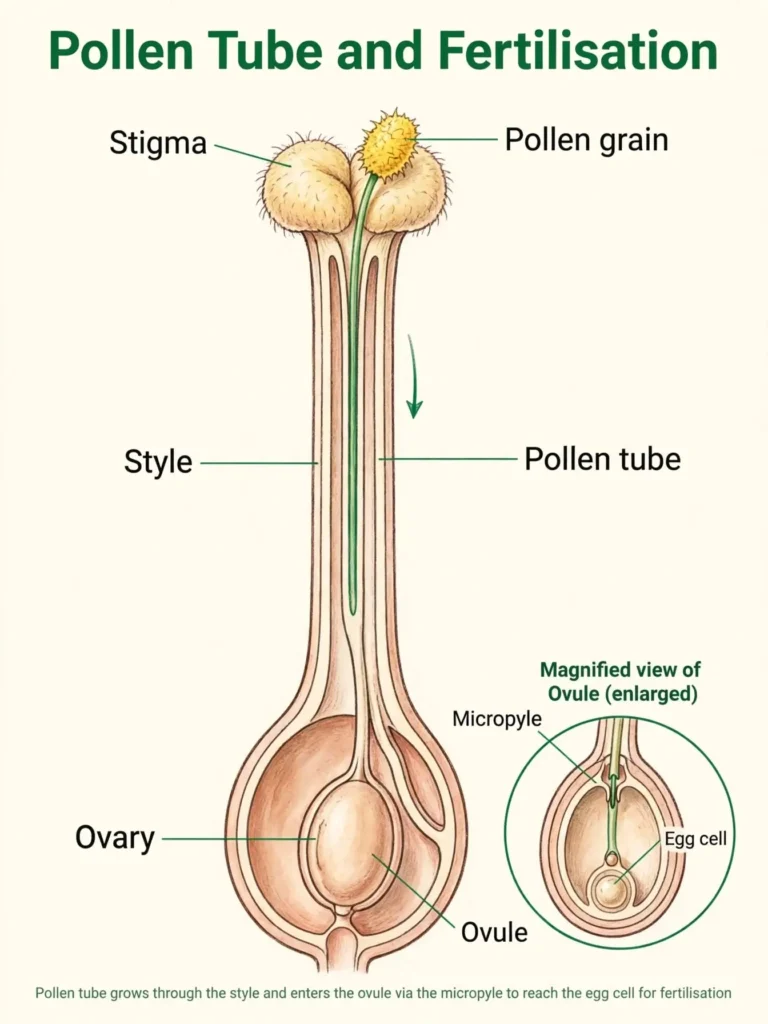 Pollen grain on stigma with pollen tube growing through style to an ovule containing an egg cell
