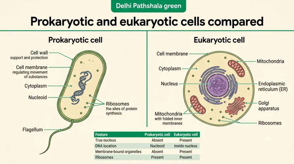 Prokaryotic and eukaryotic cells compared Side-by-side diagram of a bacterial cell with nucleoid and a eukaryotic cell with nucleus
