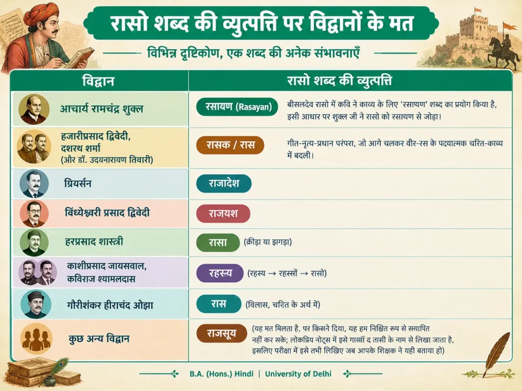 रासो शब्द की व्युत्पत्ति पर विद्वानों के मत दर्शाने वाला चार्ट