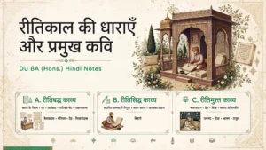 रीतिकाल की धाराओं और कवियों का सार दिखाता DU Hindi Hons नोट्स का शीर्षक चित्र