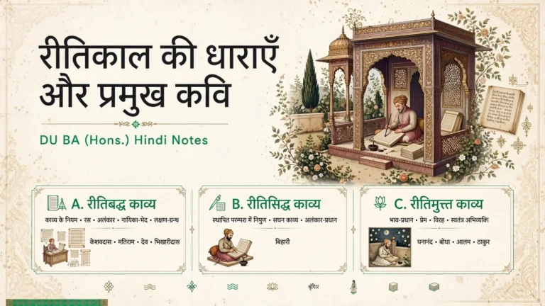 रीतिकाल की धाराओं और कवियों का सार दिखाता DU Hindi Hons नोट्स का शीर्षक चित्र