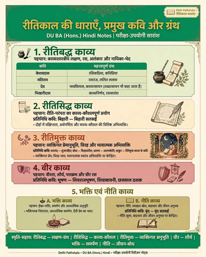 रीतिकाल: कवि और ग्रंथ सार रीतिकाल की धाराओं के प्रमुख कवियों और ग्रंथों का सारांश चित्र