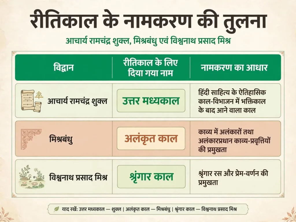 रीतिकाल के नामकरण: तुलना शुक्ल, मिश्रबंधु और विश्वनाथ प्रसाद मिश्र के दिए नामों की तुलना-तालिका