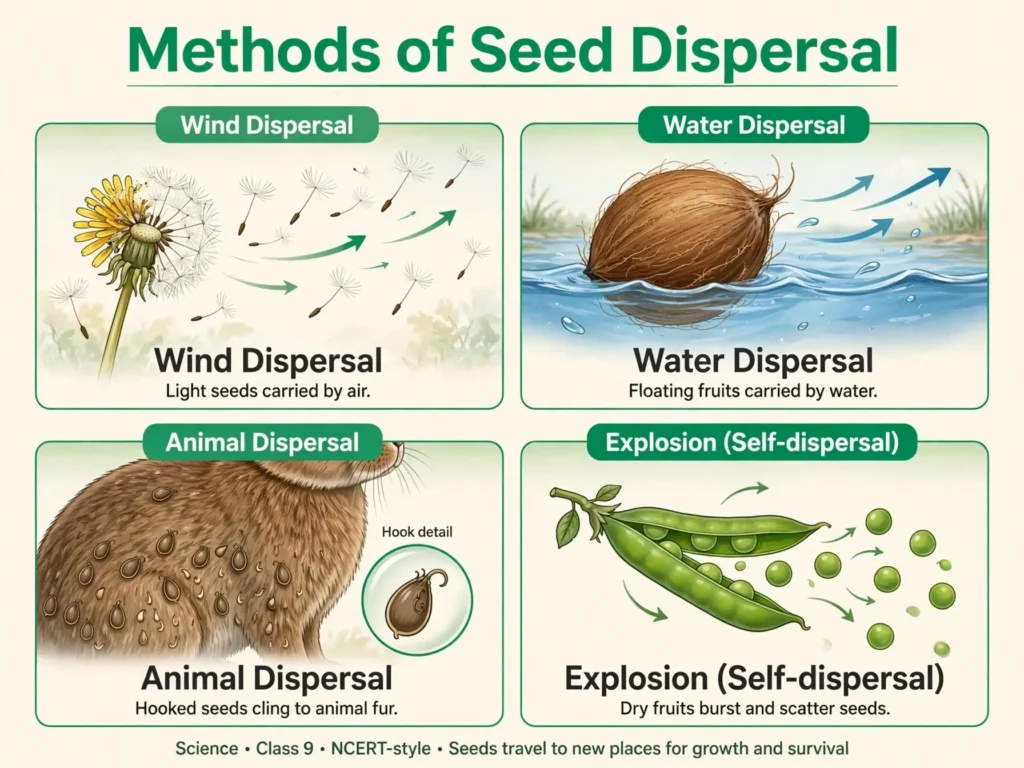 Four panels: dandelion seed in wind, coconut floating, hooked seed on fur, pea pod bursting