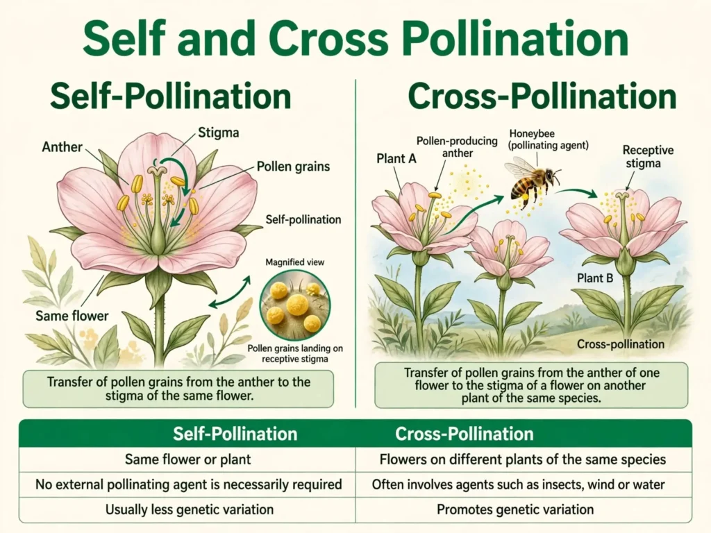 Diagram with arrows showing pollen moving within a flower and between two plants with an insect