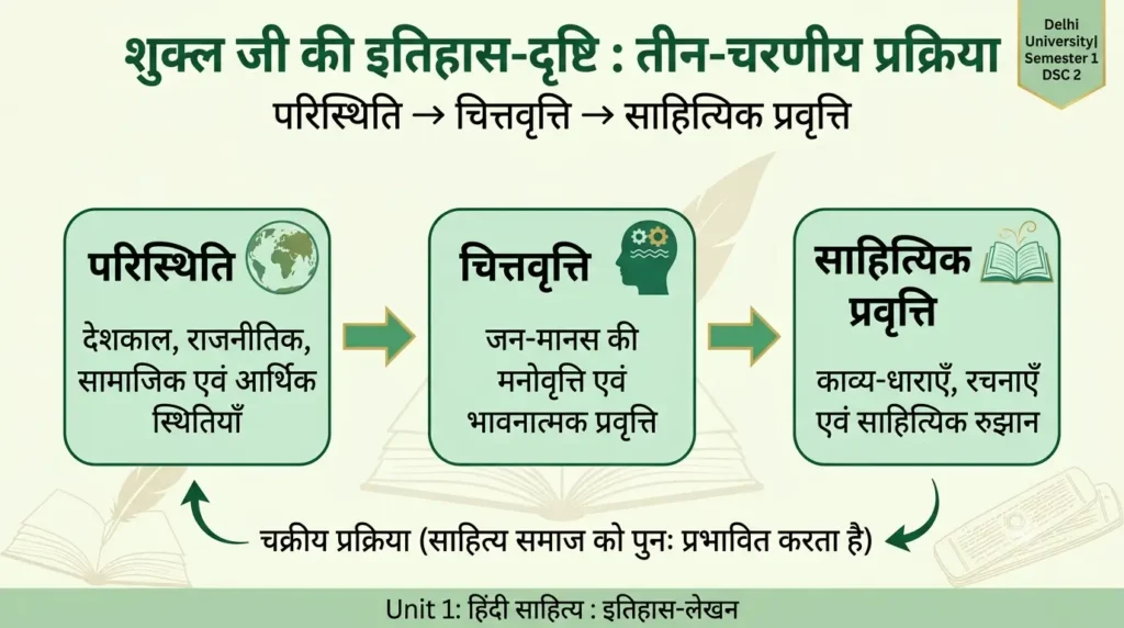 शुक्ल की इतिहास-पद्धति का प्रवाह परिस्थिति से चित्तवृत्ति और फिर साहित्यिक प्रवृत्ति तक का तीन-चरणीय आरेख