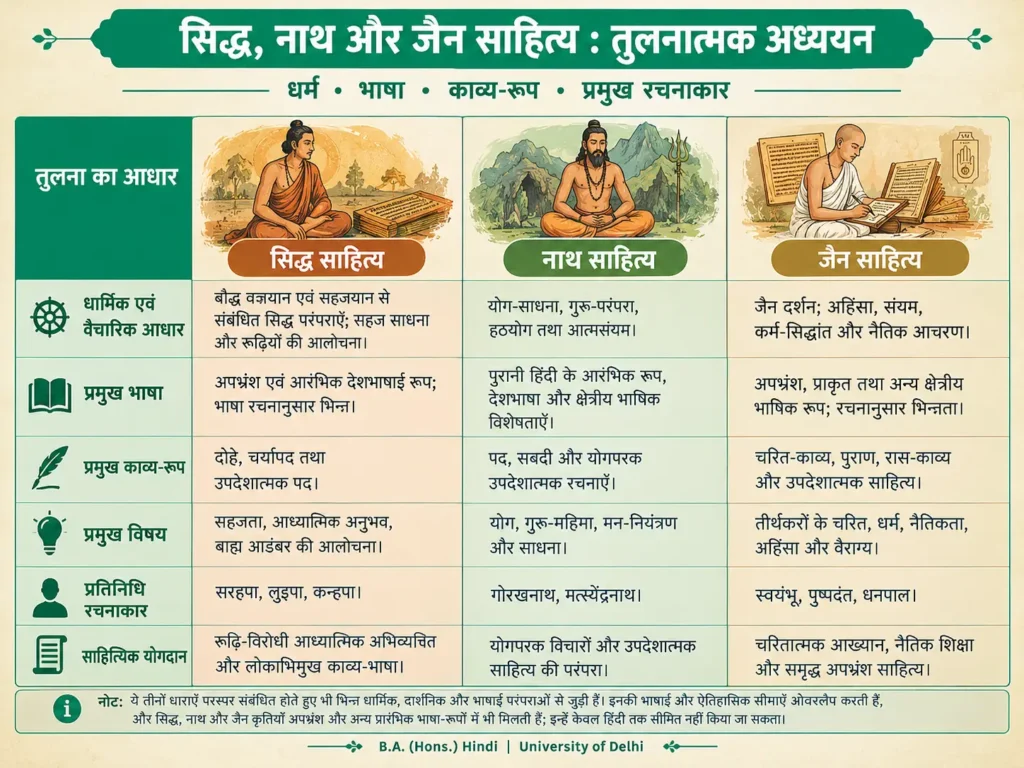 सिद्ध, नाथ और जैन साहित्य के धर्म, भाषा और काव्य-रूप की तुलना दर्शाने वाली तालिका