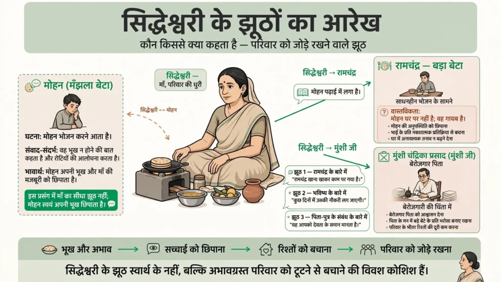 सिद्धेश्वरी द्वारा रामचंद्र, मोहन और मुंशी जी से बोले गए झूठों का आरेख