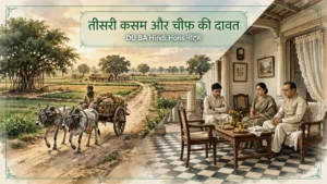 बैलगाड़ी की सड़क और शहरी ड्रॉइंग-रूम की दो तस्वीरों वाला DU Hindi Hons नोट्स का शीर्षक चित्र