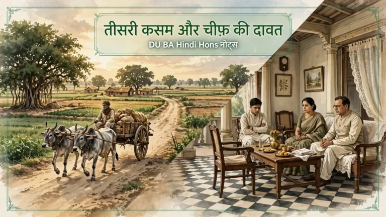 बैलगाड़ी की सड़क और शहरी ड्रॉइंग-रूम की दो तस्वीरों वाला DU Hindi Hons नोट्स का शीर्षक चित्र