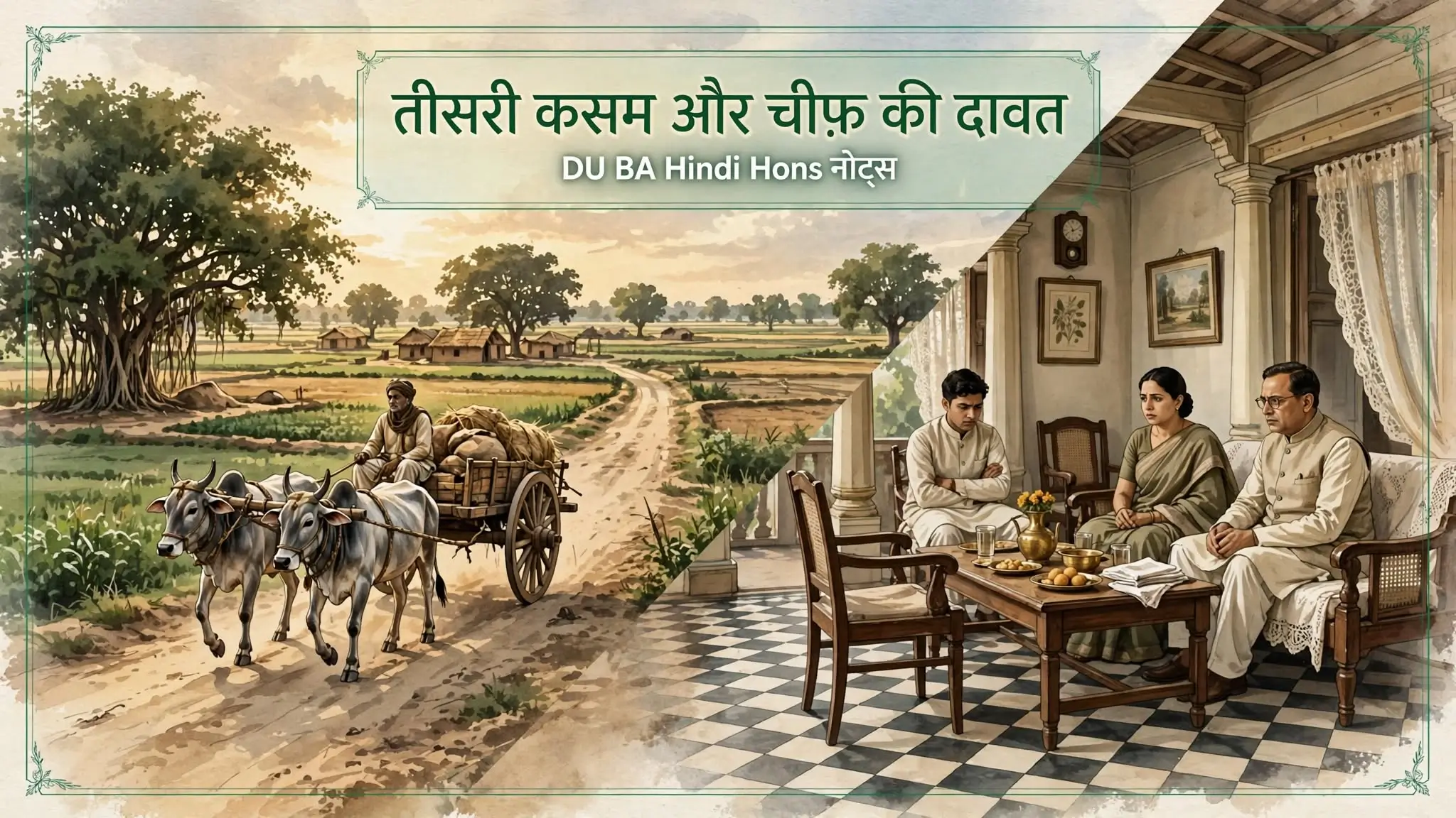 बैलगाड़ी की सड़क और शहरी ड्रॉइंग-रूम की दो तस्वीरों वाला DU Hindi Hons नोट्स का शीर्षक चित्र