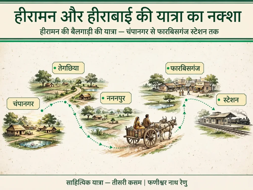 तीसरी कसम में हीरामन की गाड़ी की यात्रा का रेखाचित्र