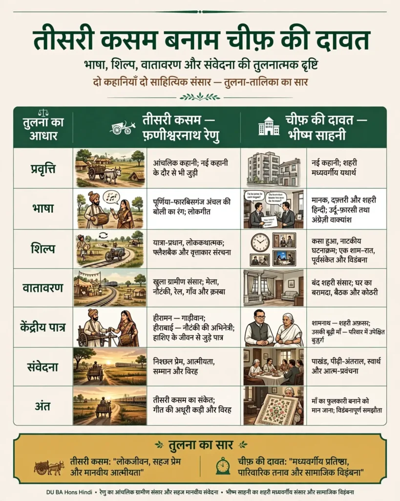 दोनों कहानियों की भाषा, शिल्प, वातावरण और संवेदना की तुलना का चार्ट