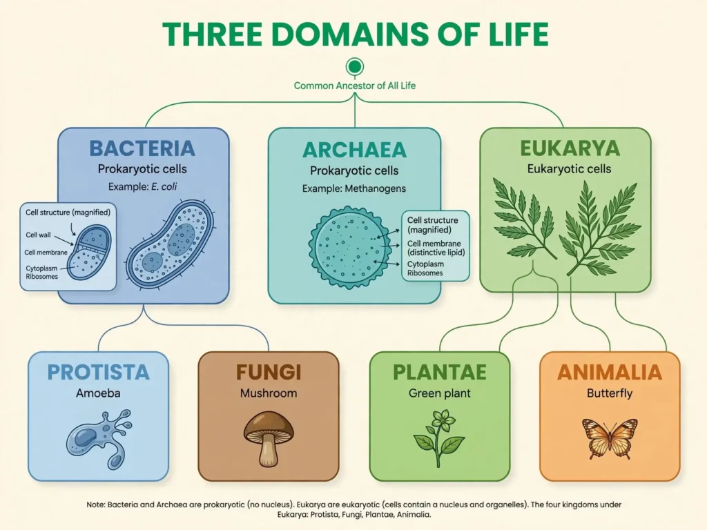 Three domains of life Tree diagram showing Bacteria, Archaea and Eukarya, with the four eukaryotic kingdoms under Eukarya
