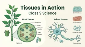Illustration of plant tissues and animal tissues with a labelled neuron and a tree stem section