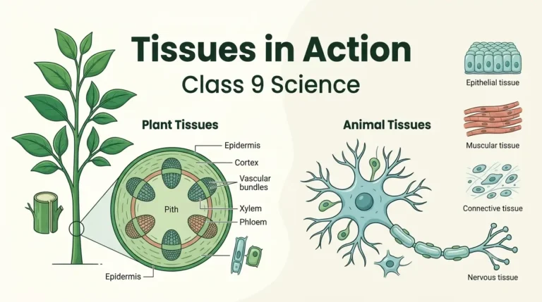 Illustration of plant tissues and animal tissues with a labelled neuron and a tree stem section