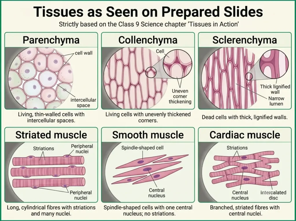 Chart of parenchyma, collenchyma, sclerenchyma and three muscle types as seen under a microscope