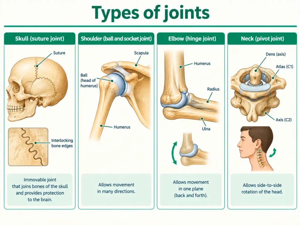 Skull, shoulder, elbow and neck joints labelled