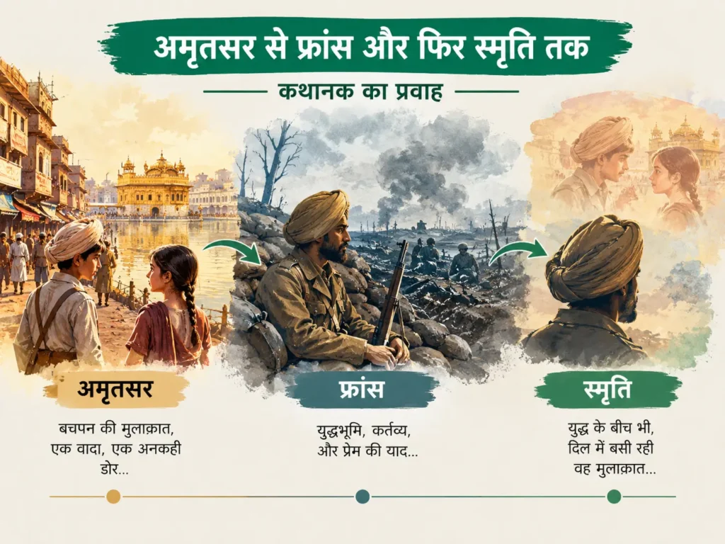 उसने कहा था के पाँच खंड अमृतसर से फ्रांस और फिर स्मृति तक कथानक का प्रवाह-चित्र