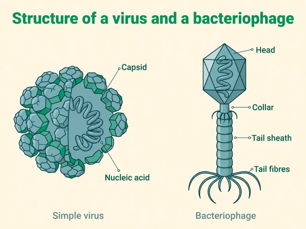 Structure of a virus and a bacteriophage Labelled diagram of a simple virus with capsid and nucleic acid, and a bacteriophage with head, collar, tail sheath and tail fibres