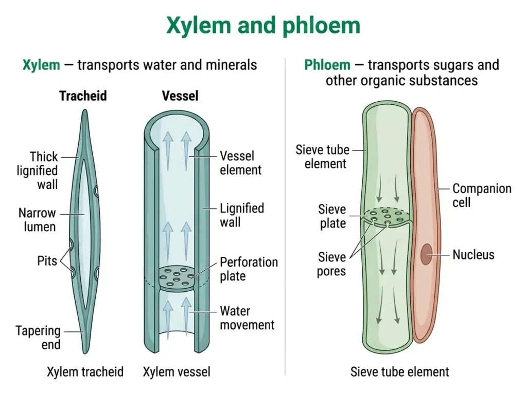 Labelled xylem tracheid, vessel and phloem sieve tube with companion cell