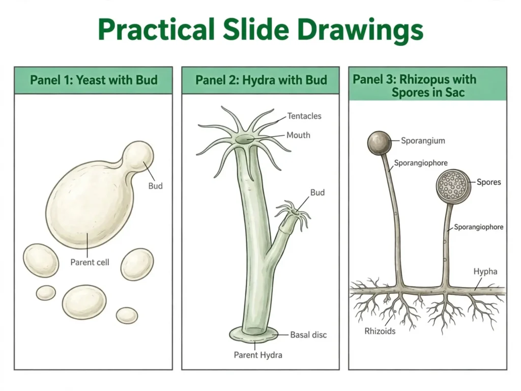 Three labelled microscope drawings: yeast with bud, hydra with bud, Rhizopus with spores in sac